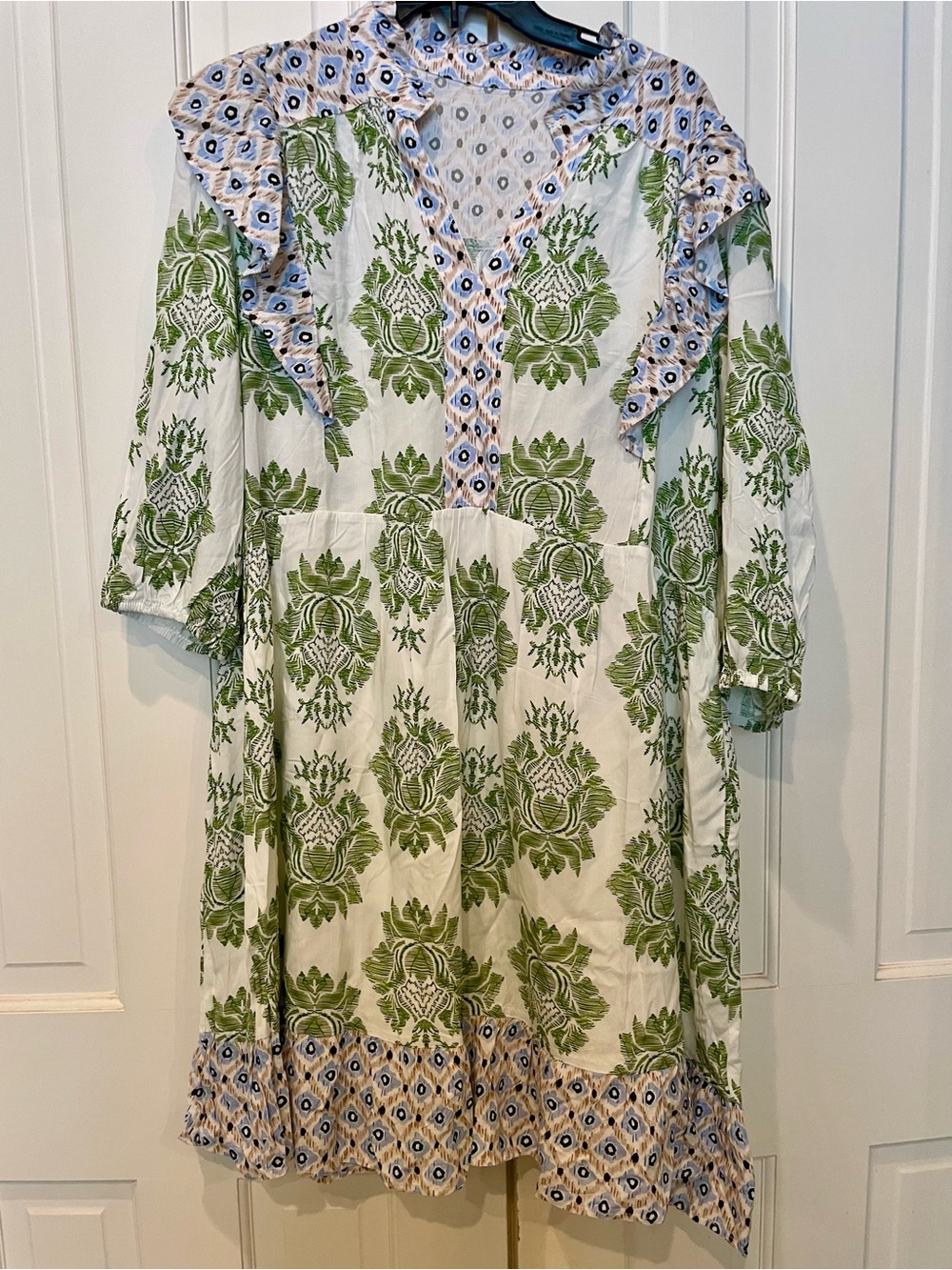 Boho Floral Tiered Tunic dress Green/White